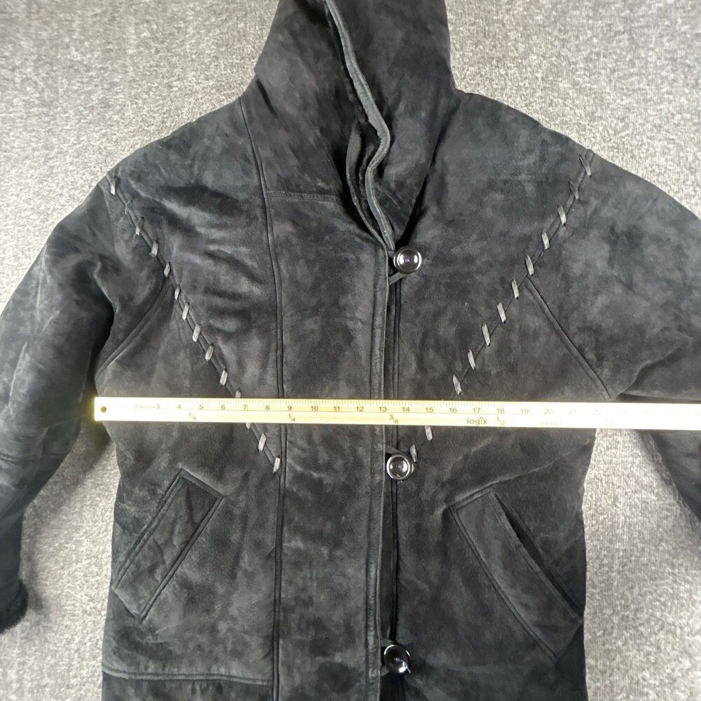 Gallery Genuine Suede Leather Coat Womens Sz M Black Faux Fur Lining & Trim Warm - Picture 10 of 12